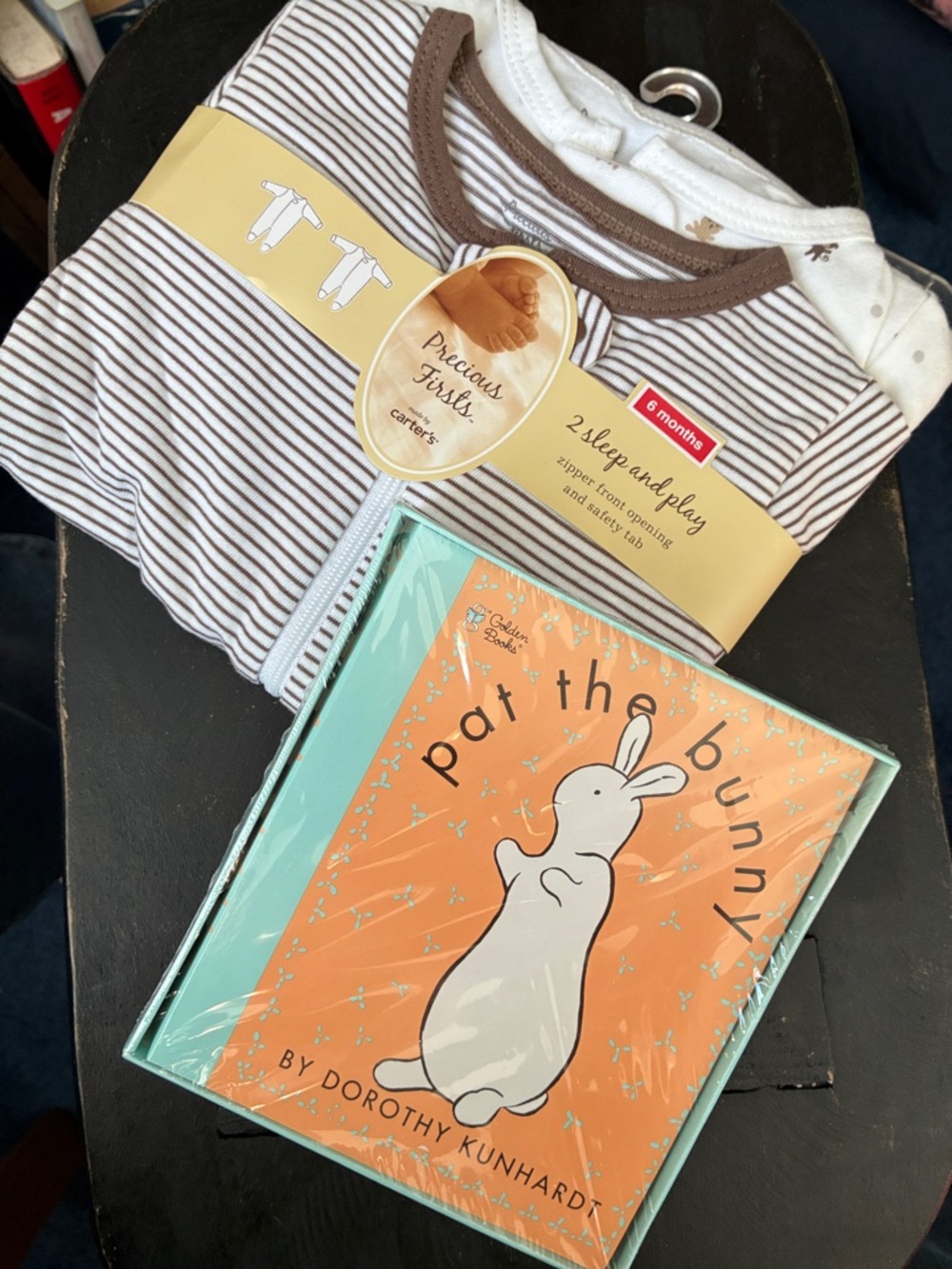 NEW! 2 Carter's one-piece cotton outfits plus 1 Pat the Bunny book